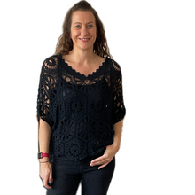 Load image into Gallery viewer, Black Big Daisy crochet top with undervest.
