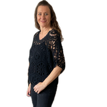 Load image into Gallery viewer, Black Big Daisy crochet top with undervest.
