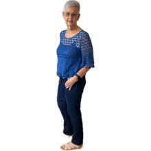 Load image into Gallery viewer, Royal blue Diamond crochet top with undervest.
