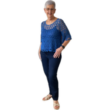 Load image into Gallery viewer, Royal blue Diamond crochet top with undervest.
