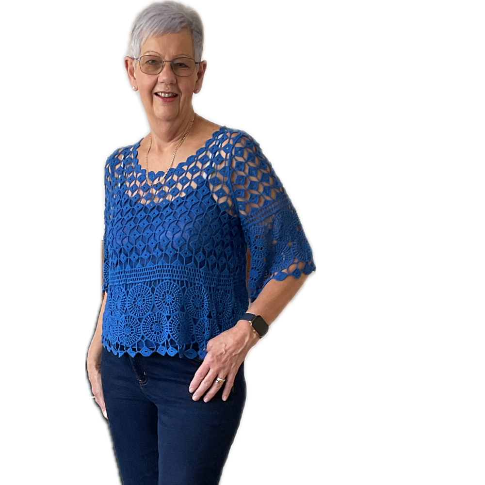 Royal blue Diamond crochet top with undervest.