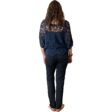 Load image into Gallery viewer, Navy Big Daisy crochet top with undervest.
