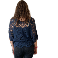 Load image into Gallery viewer, Navy Big Daisy crochet top with undervest.
