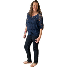 Load image into Gallery viewer, Navy Big Daisy crochet top with undervest.
