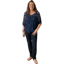 Load image into Gallery viewer, Navy Big Daisy crochet top with undervest.
