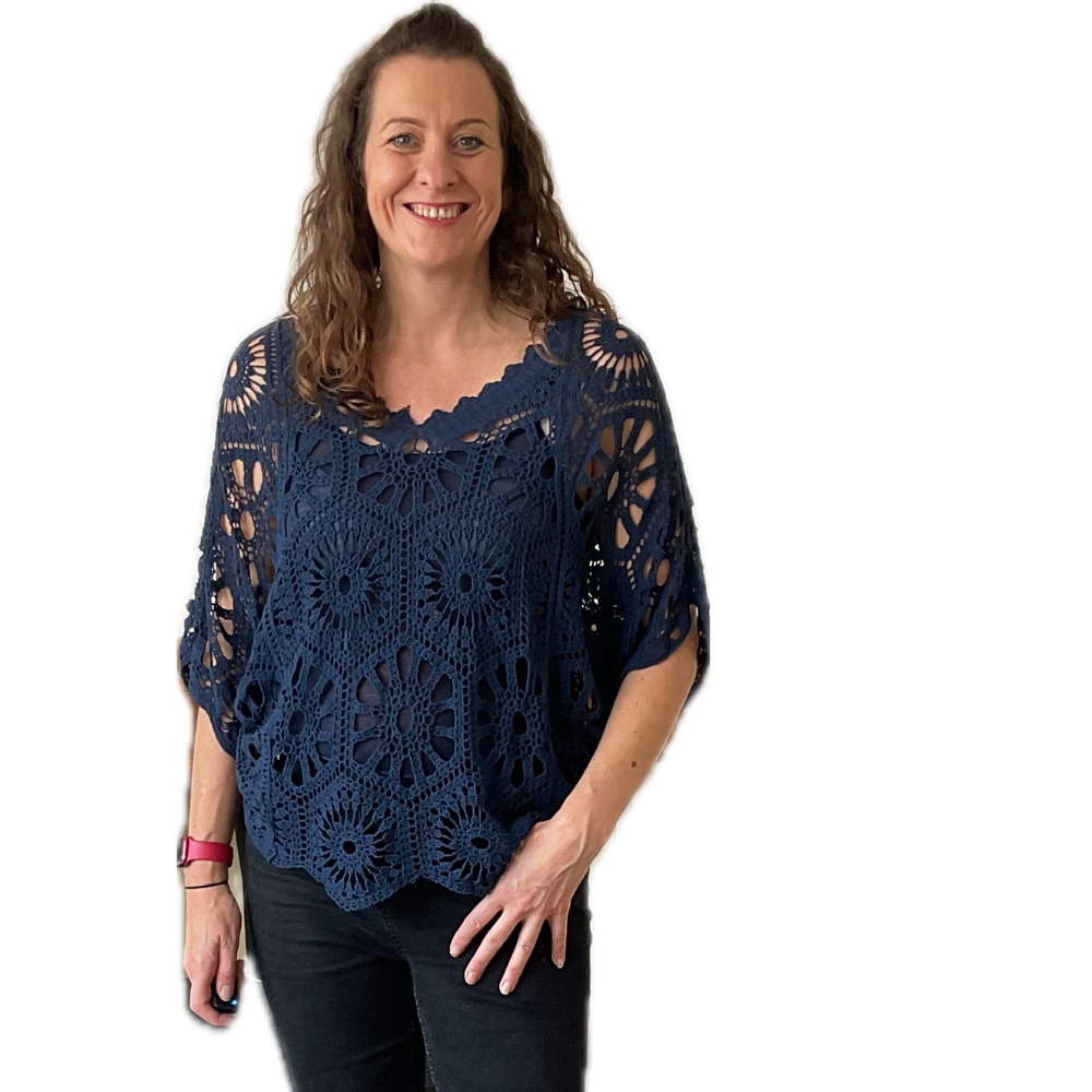 Navy Big Daisy crochet top with undervest.