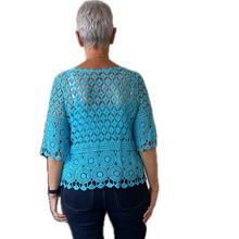 Load image into Gallery viewer, Turquoise blue Diamond crochet top with undervest.
