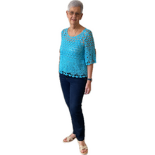 Load image into Gallery viewer, Turquoise blue Diamond crochet top with undervest.
