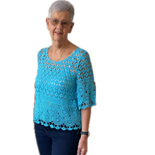 Load image into Gallery viewer, Turquoise blue Diamond crochet top with undervest.
