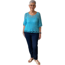 Load image into Gallery viewer, Turquoise blue Diamond crochet top with undervest.
