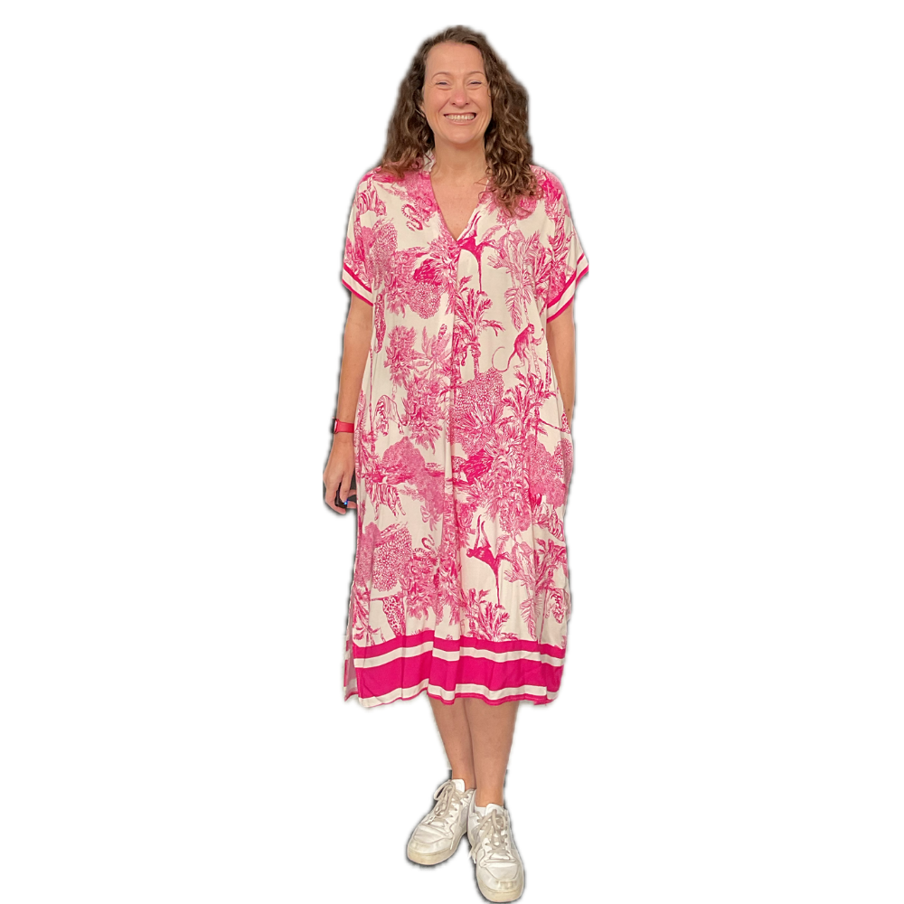 Fuchsia pink animal design floaty dress with pockets (A172)