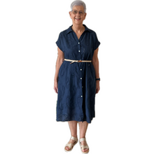Load image into Gallery viewer, Women&#39;s Navy blue Anglaise Pattern cap sleeve belt dress (A173)
