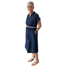 Load image into Gallery viewer, Women&#39;s Navy blue Anglaise Pattern cap sleeve belt dress (A173)
