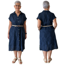 Load image into Gallery viewer, Women&#39;s Navy blue Anglaise Pattern cap sleeve belt dress (A173)
