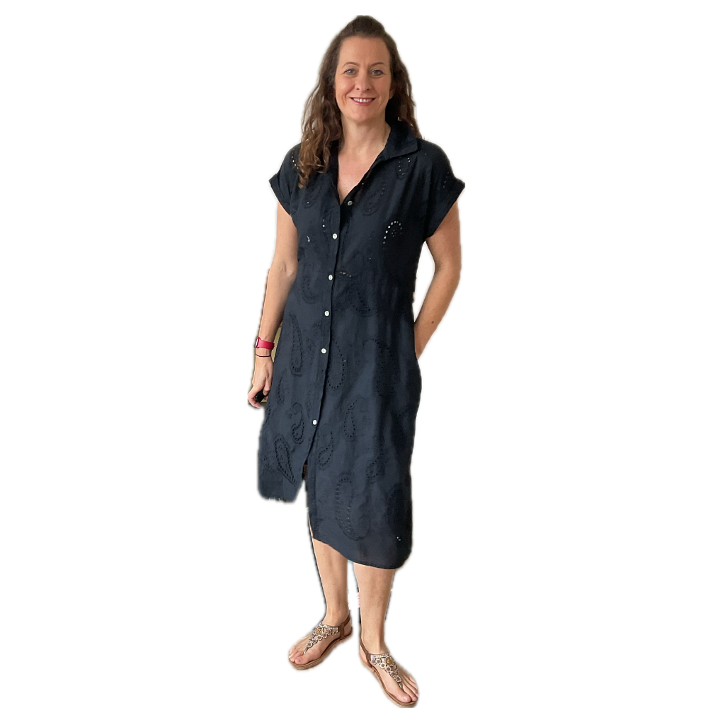 Women's Black Anglaise Pattern cap sleeve belt dress (A173)