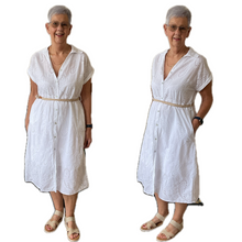 Load image into Gallery viewer, Women&#39;s White Anglaise Pattern cap sleeve belt dress (A173)
