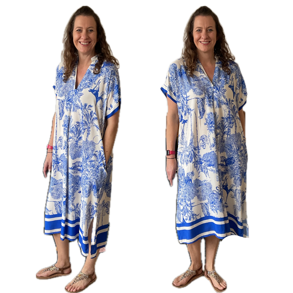 Royal blue animal design floaty dress with pockets (A172)