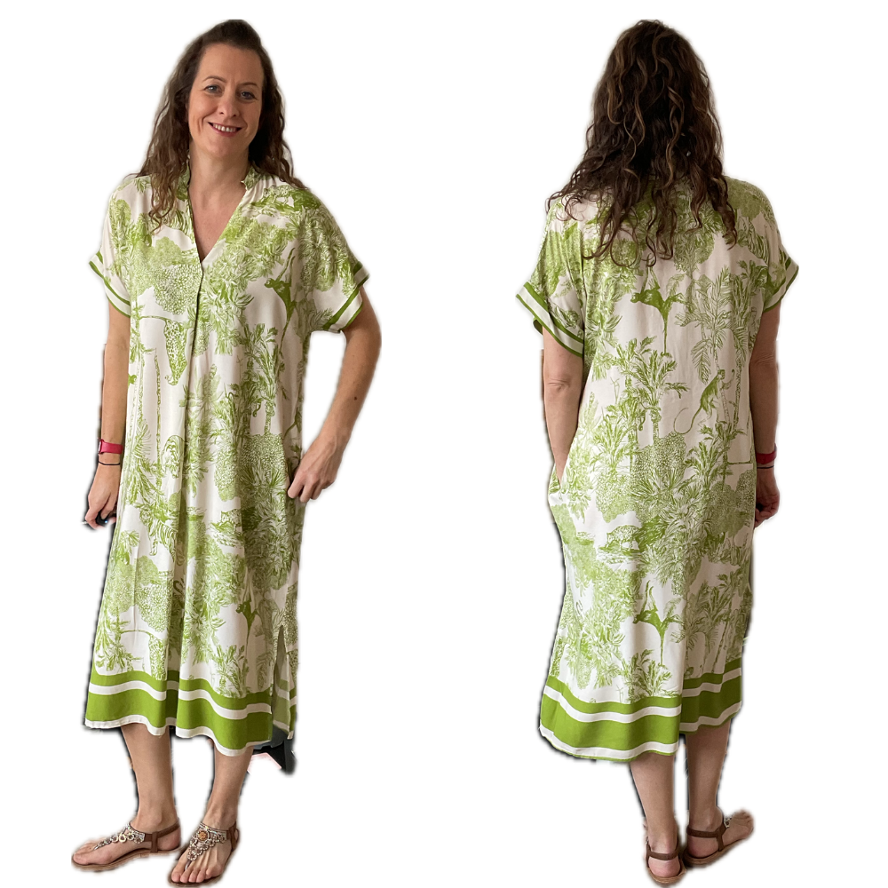 Green animal design floaty dress with pockets (A172)