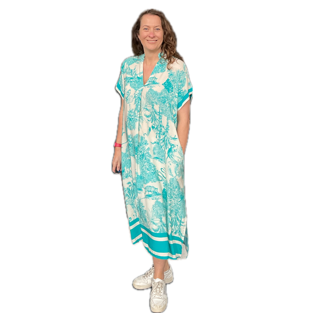 Turquoise animal design floaty dress with pockets (A172)