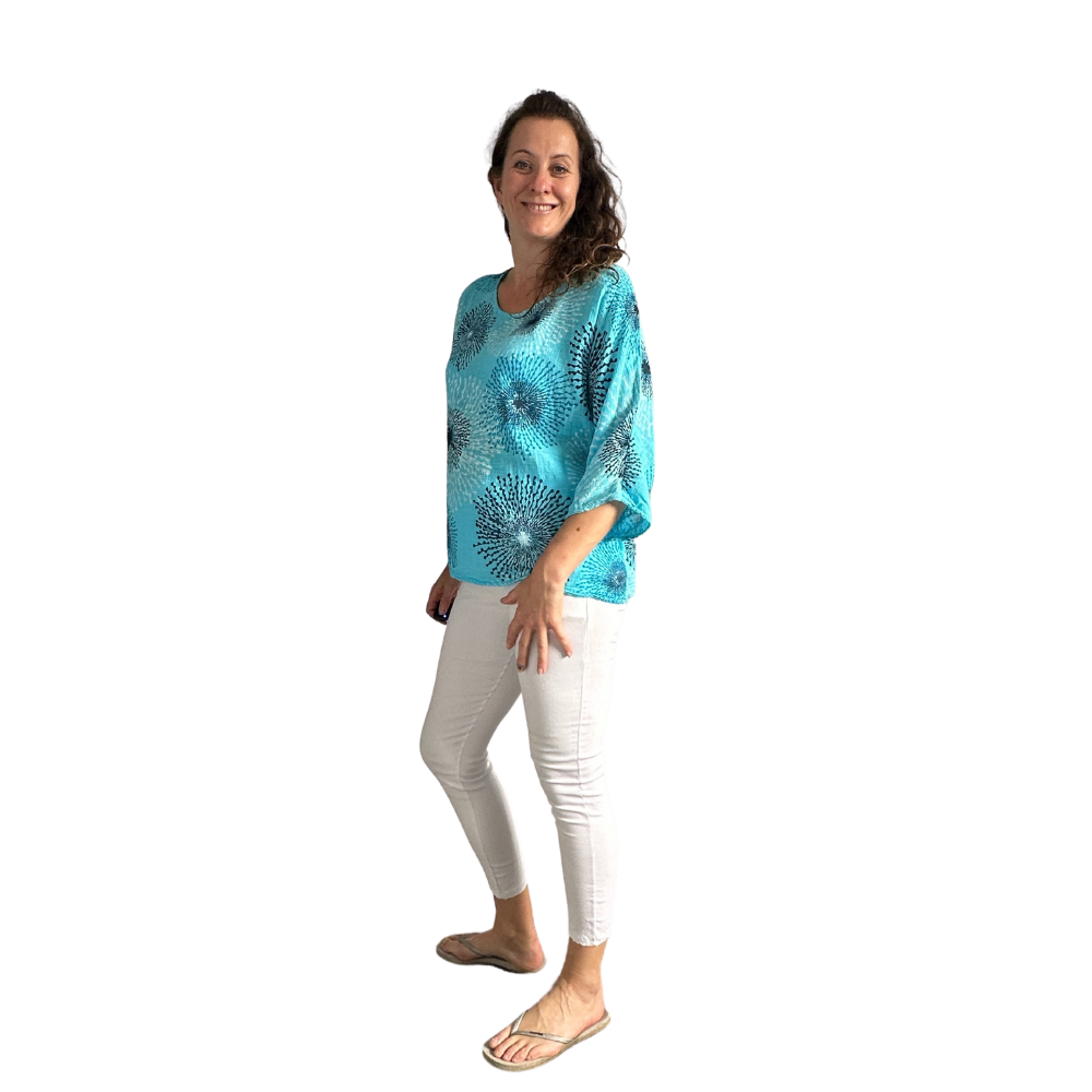 Turquoise Blue firework cotton top for women. (A158)