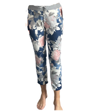 Load image into Gallery viewer, Dark Denim rose printed Italian Joggers for casual everyday wear.
