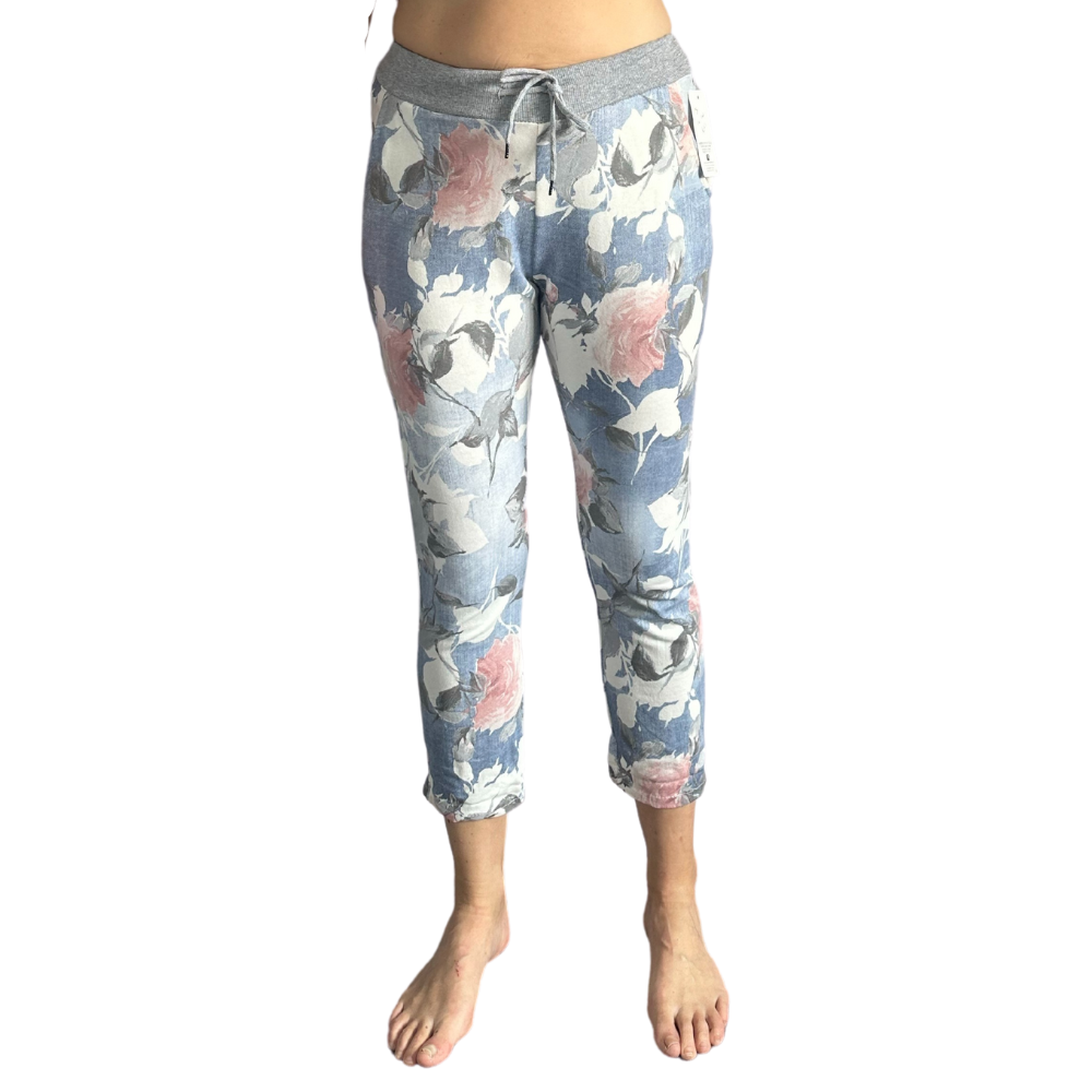 Light Denim rose printed Italian Joggers for casual, everyday wear.