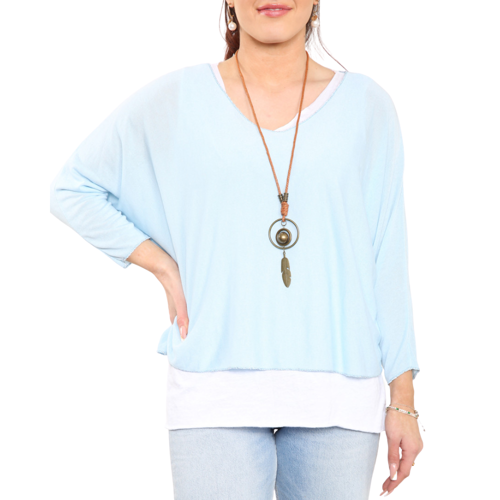 Ladies 2 Piece Layer Plain Top with Necklace with 3/4 Sleeves (A91)  (Sky blue )