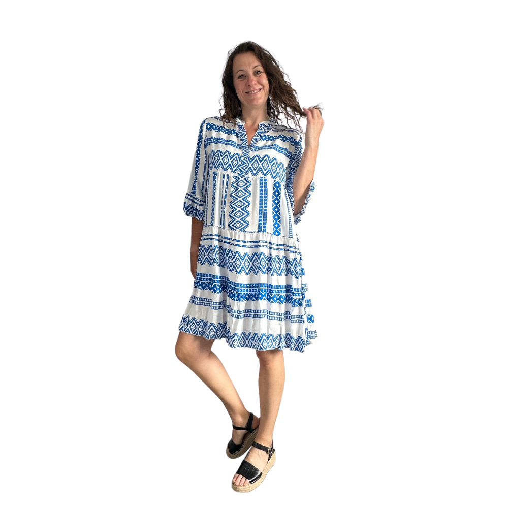 Royal Blue Aztec Print Tiered Dress for women. Pamper Yourself Now Ltd. Royal Blue Aztec Print Tiered Dress for women. Pamper Yourself Now Ltd.