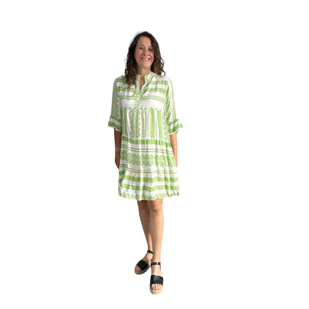 Lime green Aztec Print Tiered Dress for women. Pamper Yourself Now Ltd. Lime green Aztec Print Tiered Dress for women. Pamper Yourself Now Ltd.