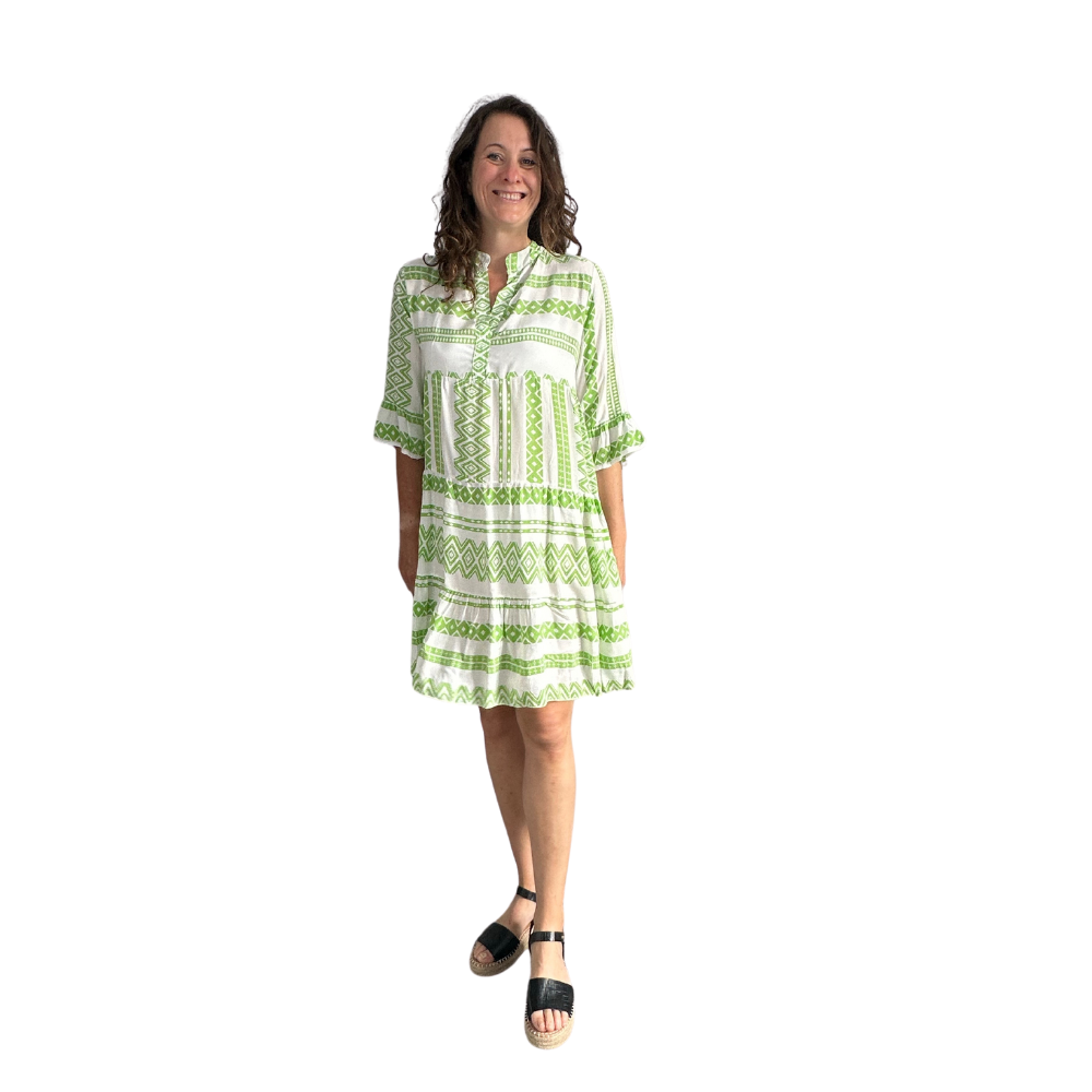 Lime Green Aztec Print Tiered Dress for women. (A159)