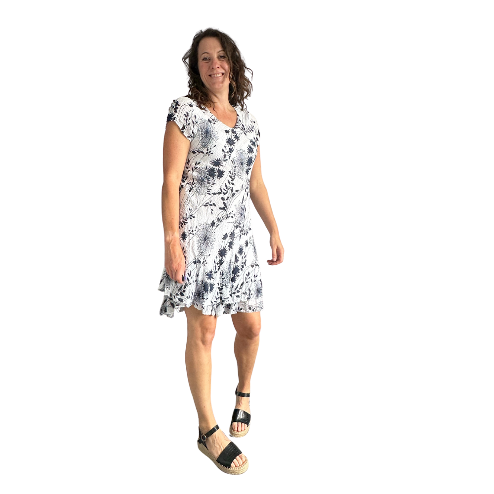 White with Navy Dandelion stretchy dress with cap sleeves for women  (A160)