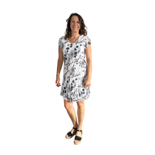 Load image into Gallery viewer, White with Navy Dandelion stretchy dress with cap sleeves for women  (A160)
