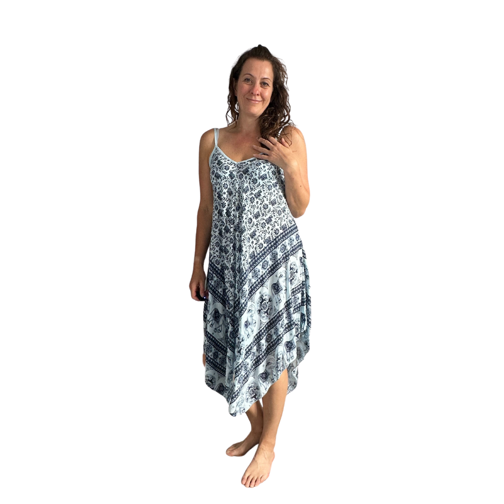 Light blue with Blue Elephant Design Handkerchief Dress (AA74)  Pamper  Yourself Now Ltd.