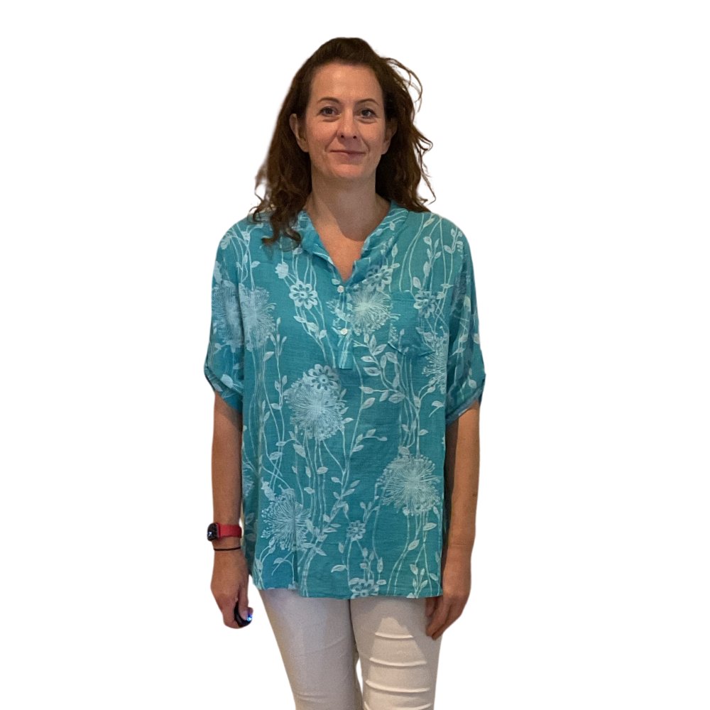 Ladies Teal dandelion print shirt (A127)