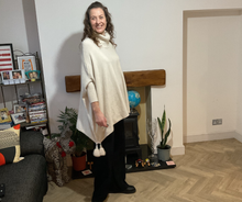 Load image into Gallery viewer, Cream Oversized Cowl Neck Poncho Jumper with Tassels | Flattering One Size UK 12–24

