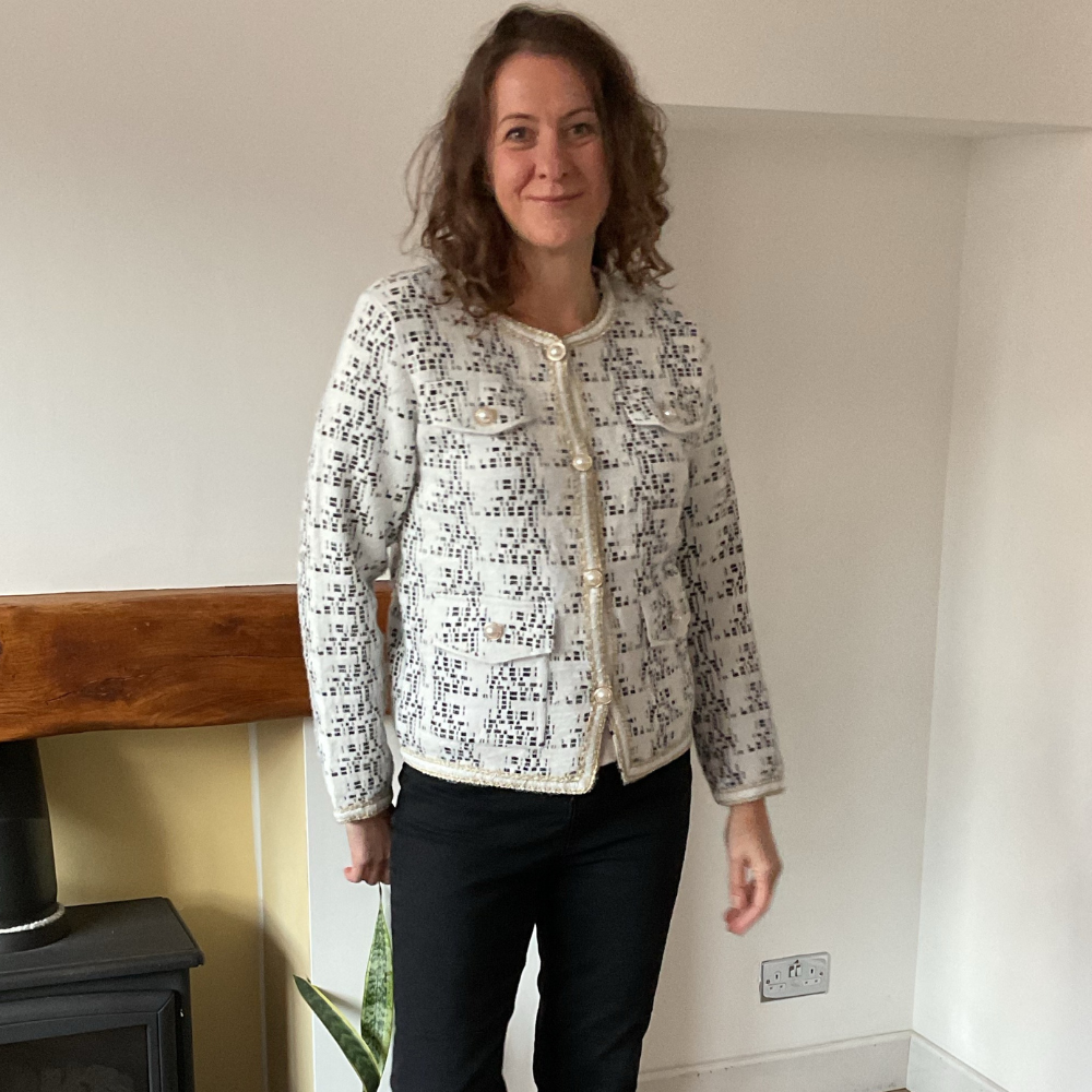 White Tweed Style Pearl Button Jacket  | Waist-Length Elegant Jacket | One Size Fits UK 10–14 | Pamper Yourself now A181