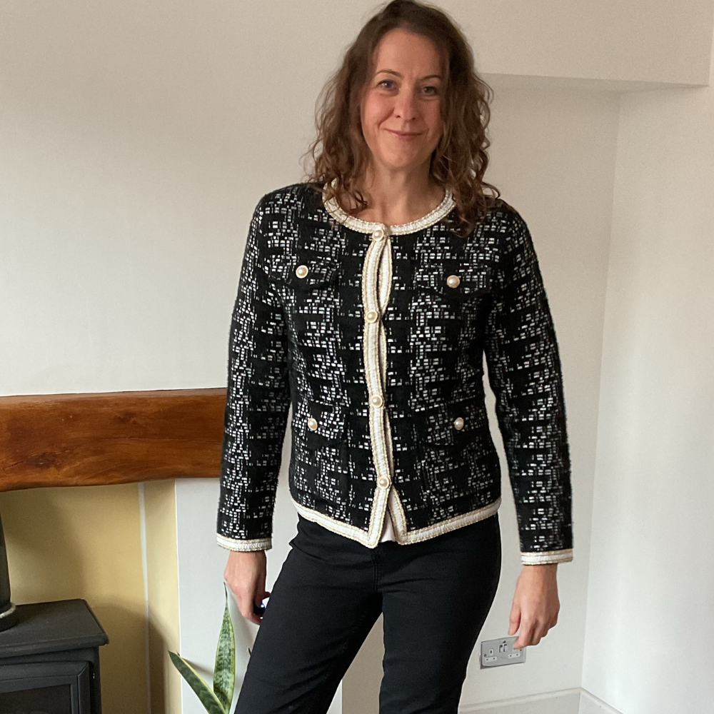 Black Tweed Style Pearl Button Jacket  | Waist-Length Elegant Jacket | One Size Fits UK 10–14 | Pamper Yourself now A181