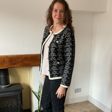 Load image into Gallery viewer, Black Tweed Style Pearl Button Jacket  | Waist-Length Elegant Jacket | One Size Fits UK 10–14 | Pamper Yourself now A181
