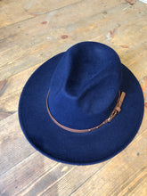 Load image into Gallery viewer, Navy Adjustable felt look Fedora hat
