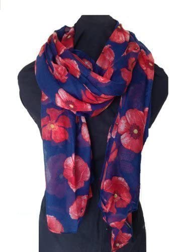 Pamper Yourself Now Navy Blue Poppy Design Long Scarf, Soft Ladies Fashion London