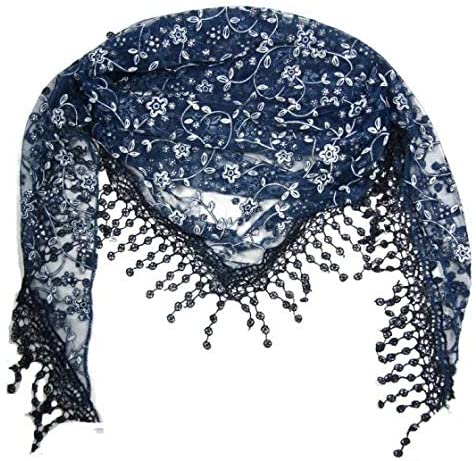 Pamper Yourself Now Blue with White Glittery Flower lace Triangle Scarf with lace Trim