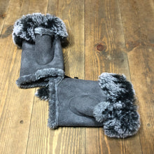 Load image into Gallery viewer, Grey with black/white Faux Fur Trimmed Fingerless Gloves.
