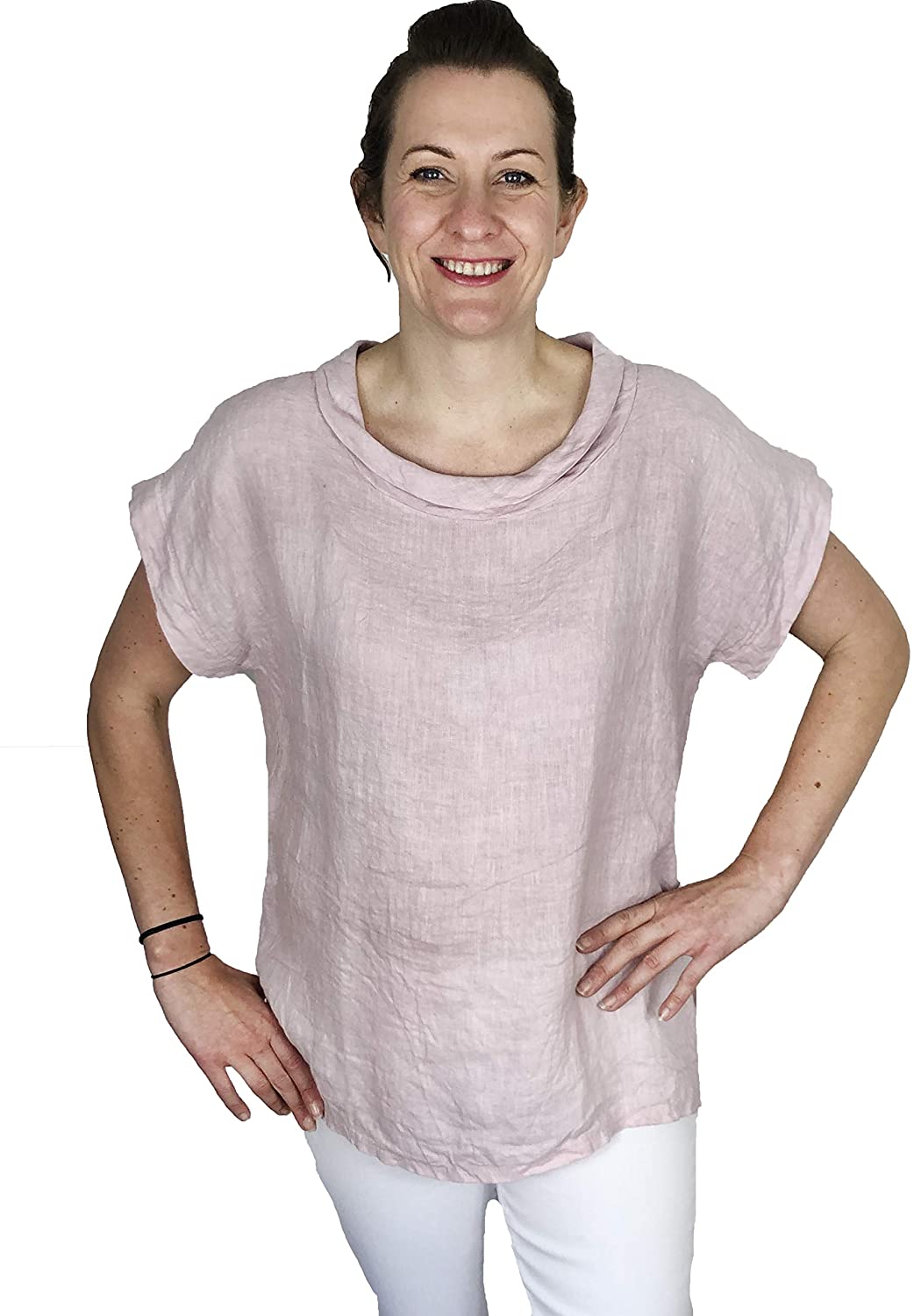Pamper Yourself Now ltd Baby Pink 100% Linen Cowl Neck Tunic Made in Italy (AA85)