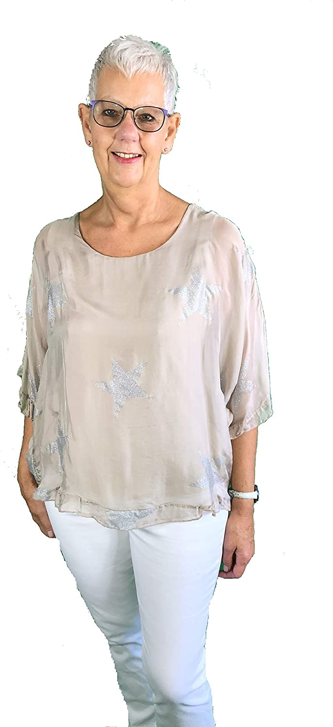 Pamper Yourself Now ltd Ladies Silk Star top with Silver Glitter Stars Made in Italy (AA22)