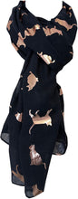 Load image into Gallery viewer, Navy with gold foiled cats long soft scarf
