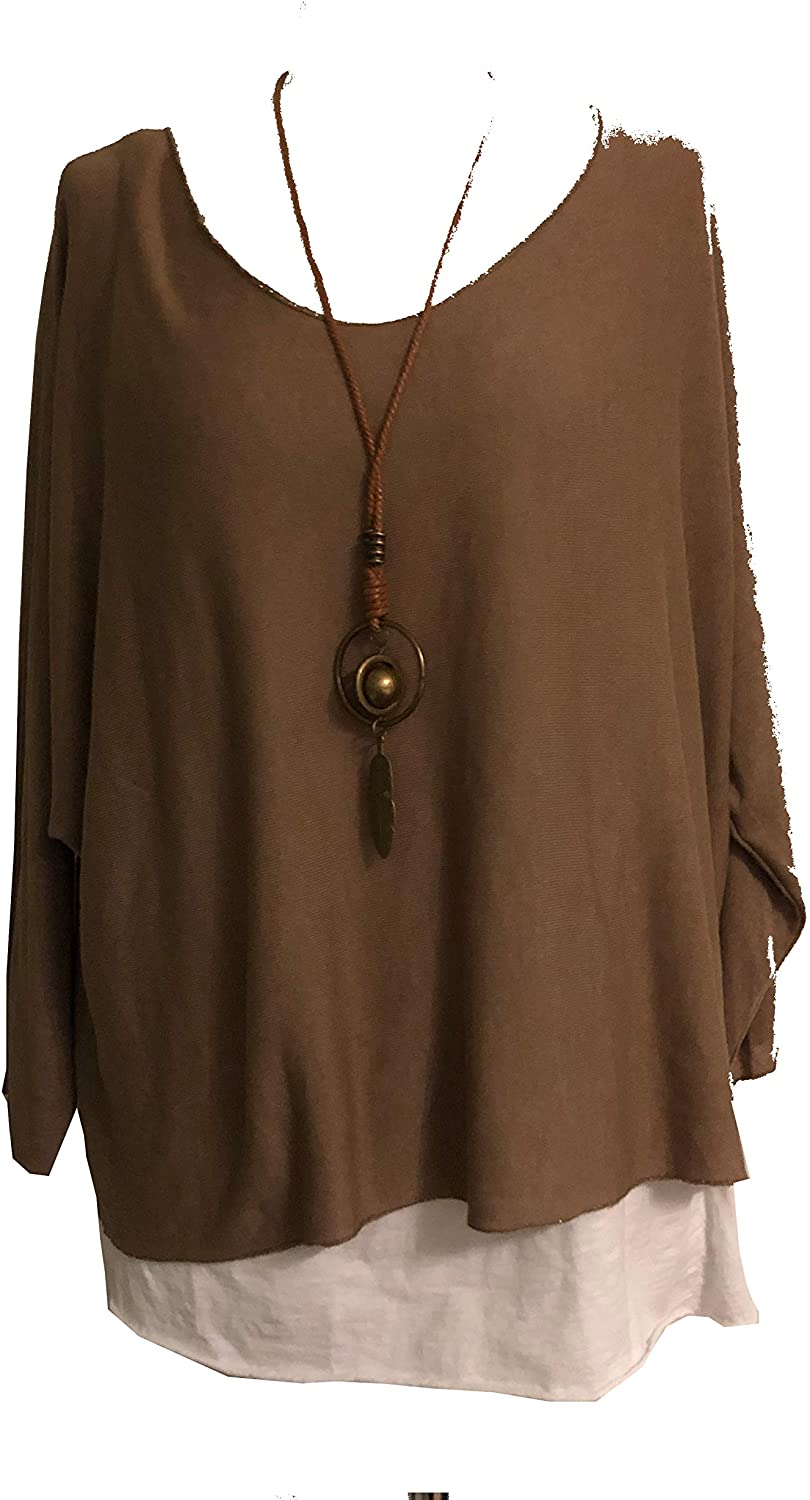 Ladies 2 Piece Layer Plain Top with Necklace with 3/4 Sleeves (A91) - Made in Italy (Camel)