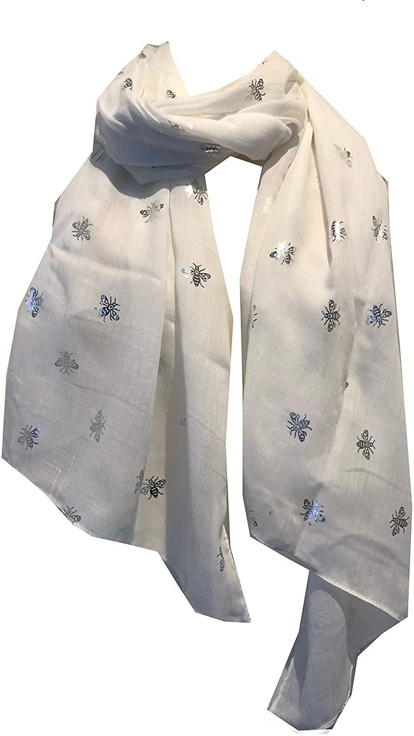 Pamper Yourself Now White with Silver Bumble Bees Long Scarf. Great Present/Gift for bee Lovers.