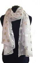 Load image into Gallery viewer, Pamper Yourself Now White with Silver Dog paw Print Long Scarf.
