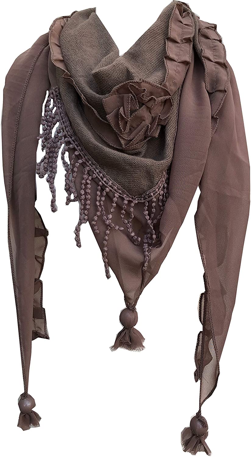 Pamper Yourself Now Brown with Small Rose and Chiffon lace Trim Triangle Scarf