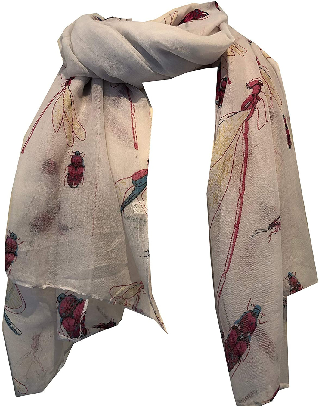 Pamper Yourself Now Creamy White with Dragonfly and Bugs Design Long Soft Scarf, Great Present/Gift.